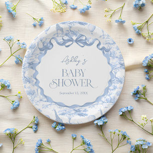 Prato De Papel Toile de Jouy Azul Animais Safari Chá de Bebê