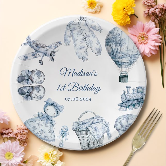 Prato De Papel Toile De Jouy Blue Birthday Party (Criador carregado)