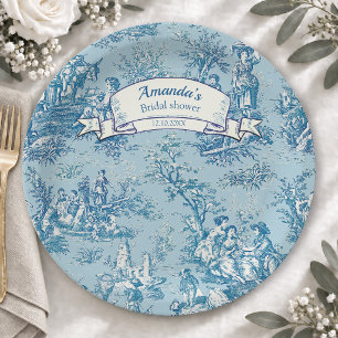 Prato De Papel Toile de Jouy floral azul vintage em tons de azul-
