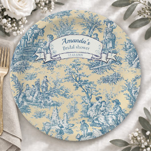 Prato De Papel Toile de Jouy Floral Vintage Amarelo Turquesa