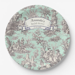 Prato De Papel Toile de Jouy floral vintage em tom de cinza menta