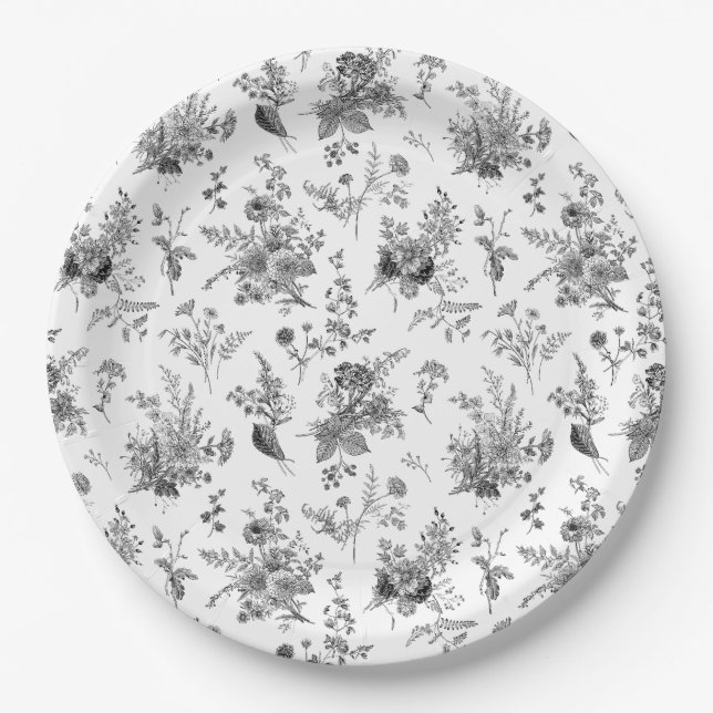 Prato De Papel Toile De Jouy Preto Vintage Floral Chinoiserie (Frente)