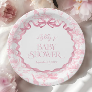 Prato De Papel Toile de Jouy Rosa Animais Safari Chá de Bebê