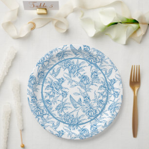 Prato De Papel Toile de passarinho e floral Azul Claro Chá de Beb