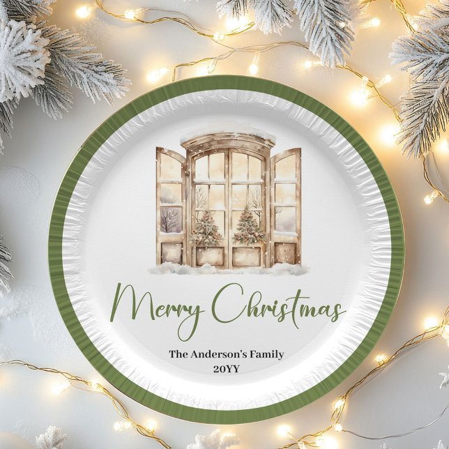 Prato De Papel Tom de Natal com Nome da Família Personalizado  (Earth Tone Christmas Script Custom Family Name Plates)