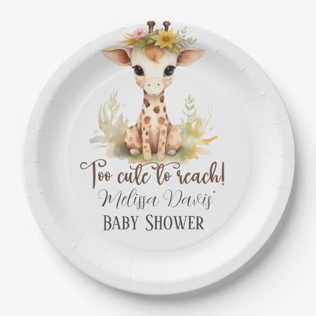 Prato De Papel Too Cute to Reach Giraffe Baby Shower Paper Plates (Frente)