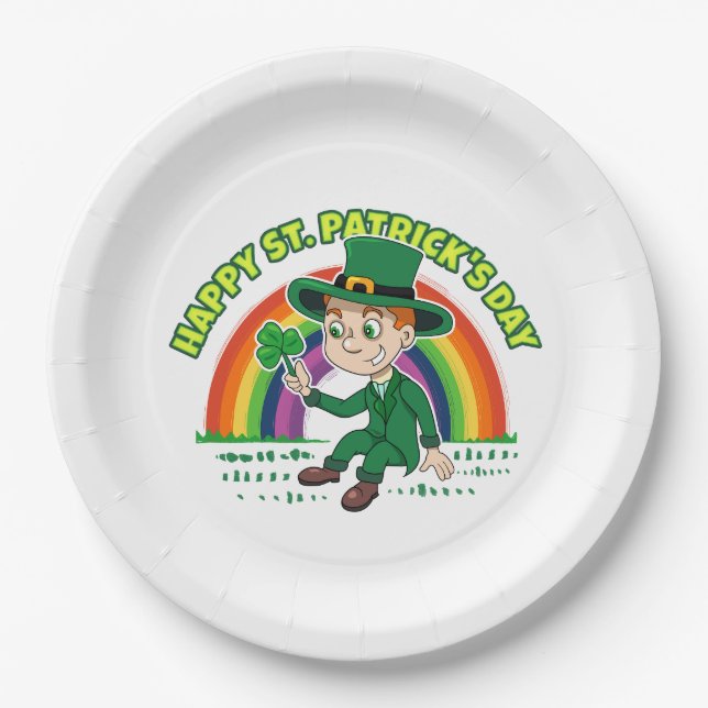 Prato De Papel Toon leprechaun bonito com shamrock e arco-íris (Frente)