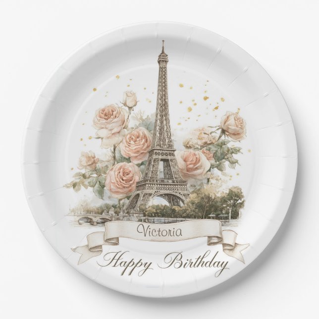 Prato De Papel Torre Eiffel "Parabéns" com nome personalizado (Frente)