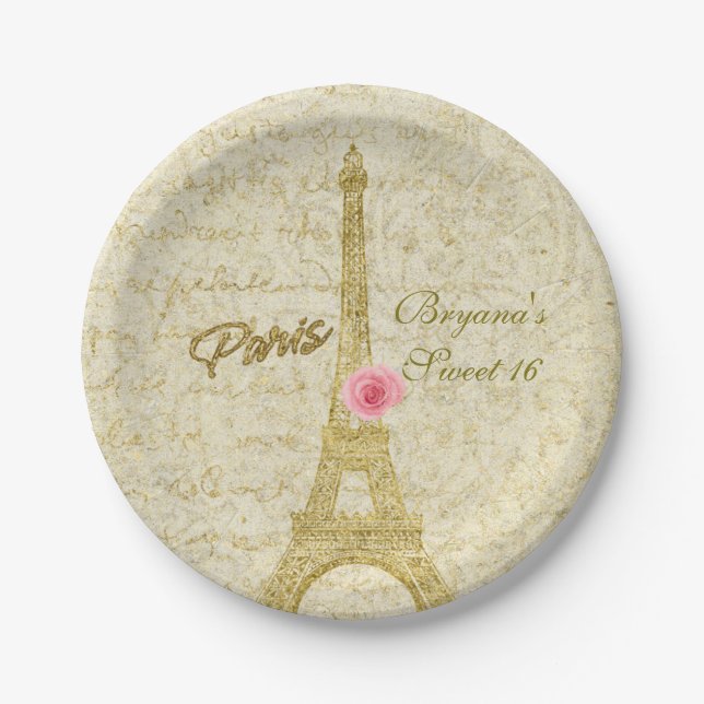 Prato De Papel Torre Eiffel Paris Gold & Pink Glamour Party (Frente)