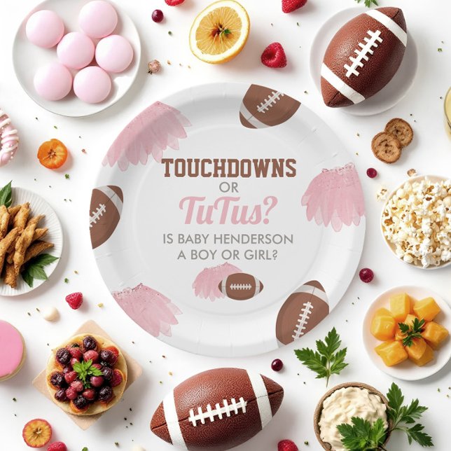 Prato De Papel Touchdowns ou Tutus Revelação de Gênero (Touchdowns or Tutus Gender Reveal Paper Plates)
