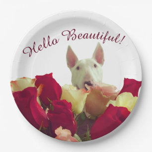 Prato De Papel Touro terrier com saudação de rosas - Olá Bela