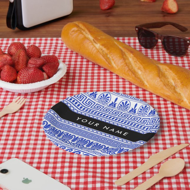 Prato De Papel Traço Grego, Chave Mista, Azul, Seu Nome (Piquenique)