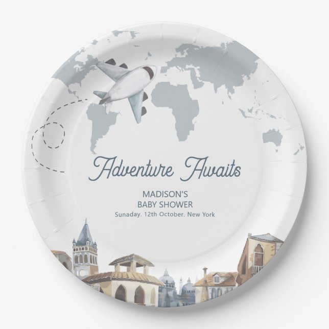 Prato De Papel Travel Adventure World Map Airplane Baby Shower  (Frente)