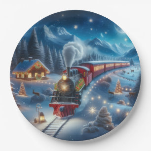 Prato De Papel Trem de Natal Mágico Cena de Inverno Nevado