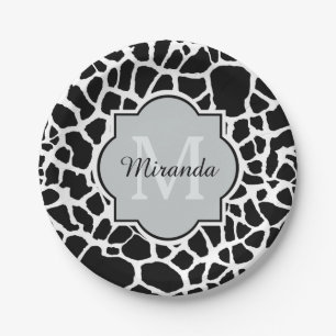 Prato De Papel Trendy Black White Giraffe Impressão Monogramas No