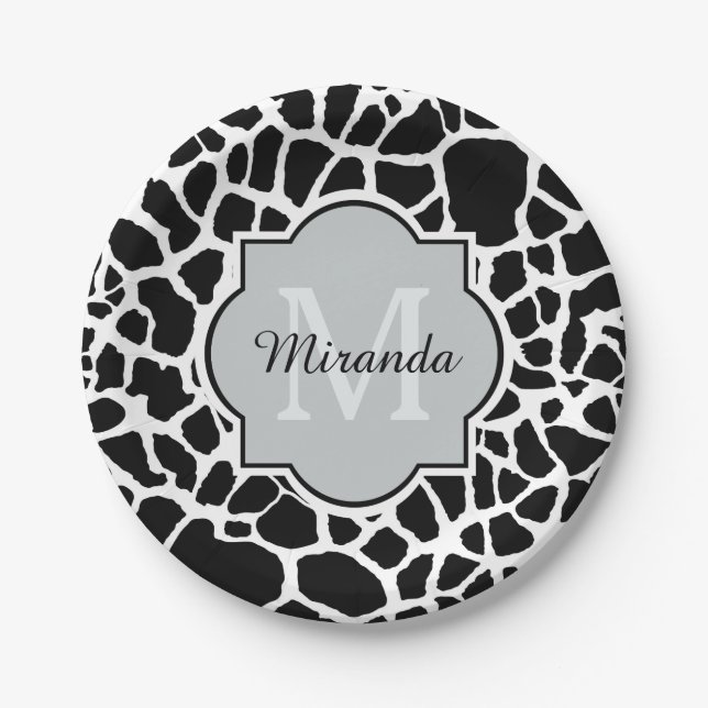 Prato De Papel Trendy Black White Giraffe Impressão Monogramas No (Frente)