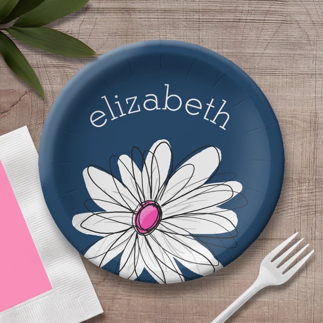 Prato De Papel Trendy Daisy Floral Illustração - marinho e rosa (Personalized party plate with area for name - whimsical daisy )