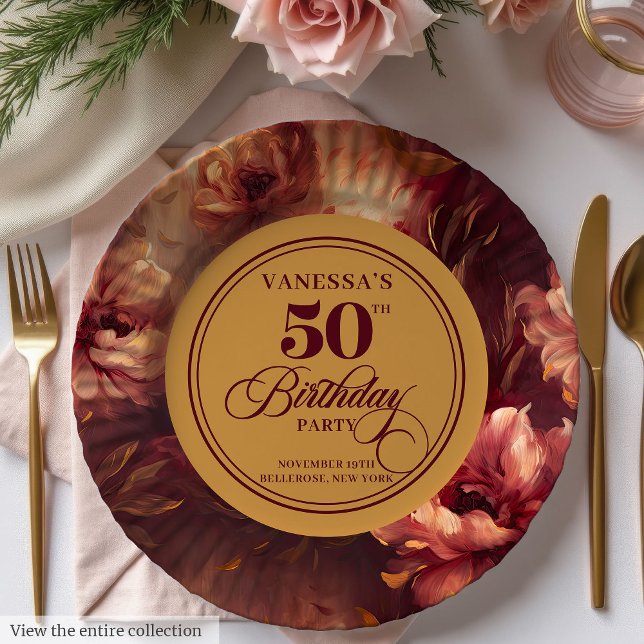 Prato De Papel Trendy Dark Red Blush Flores Douradas 50º aniversá (Trendy Dark Red Blush Gold Flowers 50th Birthday Paper Plates)