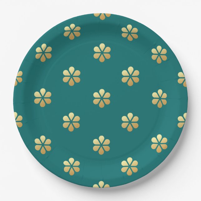 Prato De Papel Trendy Festive Christmas Teal & Dourada Daisy (Frente)