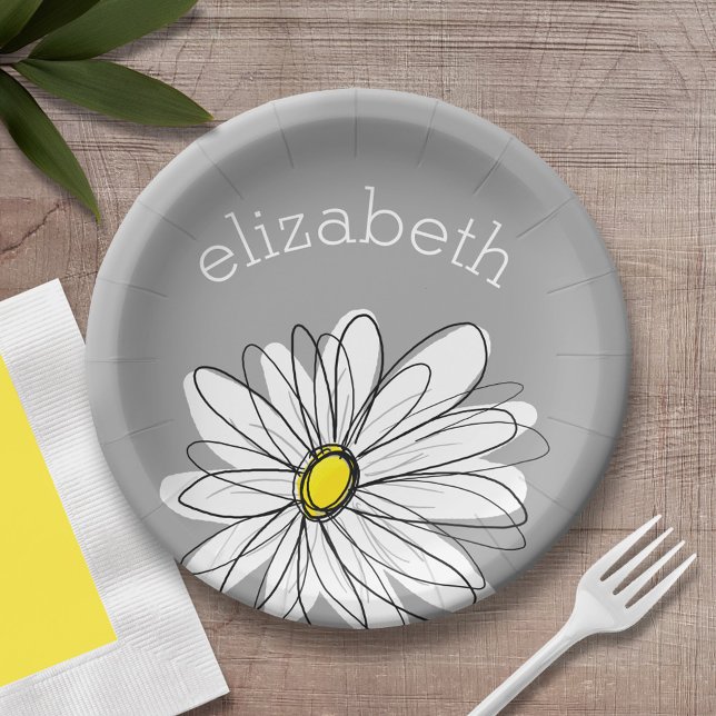 Prato De Papel Trendy Floral Daisy com nome personalizado amarelo (Personalized party plate with area for name - whimsical daisy )
