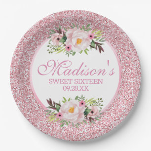 Prato De Papel Trendy Glitter Pink Floral Sweet 16