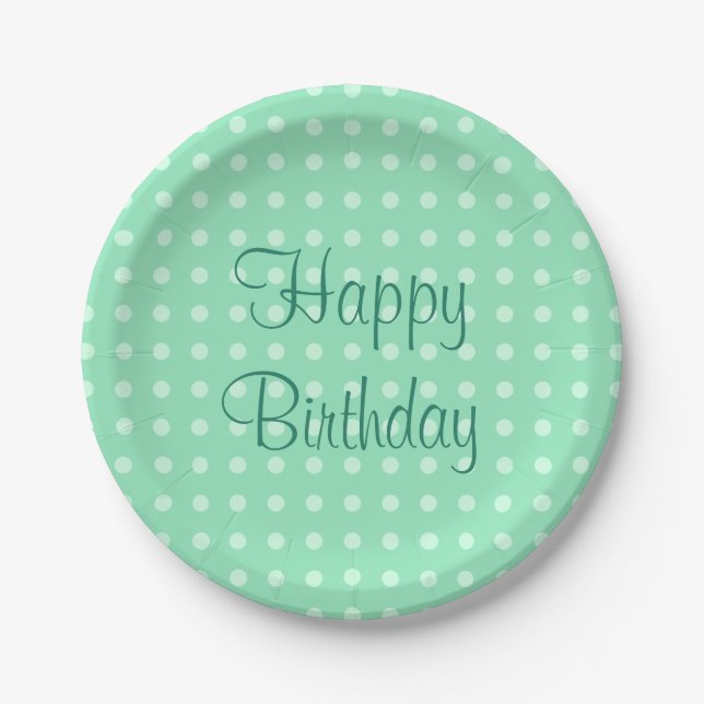 Prato De Papel Trendy Happy Birthday Texto Pontos Rustic Mint Gre (Frente)