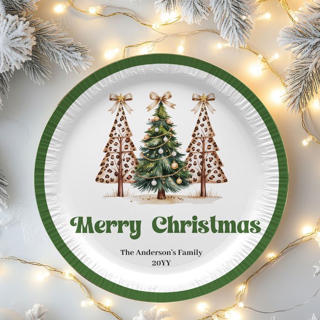 Prato De Papel Trendy Leopard Christmas Tree Custom Name Plates (Trendy Leopard Christmas Tree Custom Name Paper Plates)