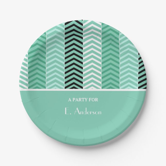Prato De Papel Trendy Mint Green Chevron Strips Com Nome (Frente)