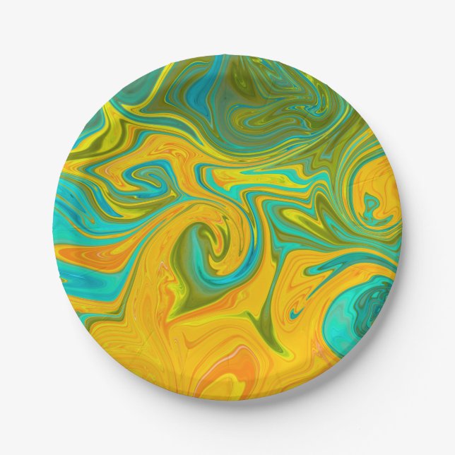Prato De Papel Trendy Neon Yellow Orange Abstrato Swirl (Frente)