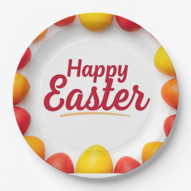 Prato De Papel Trendy Orange & Yellow Easter Eggs Pattern Paper  (Frente)