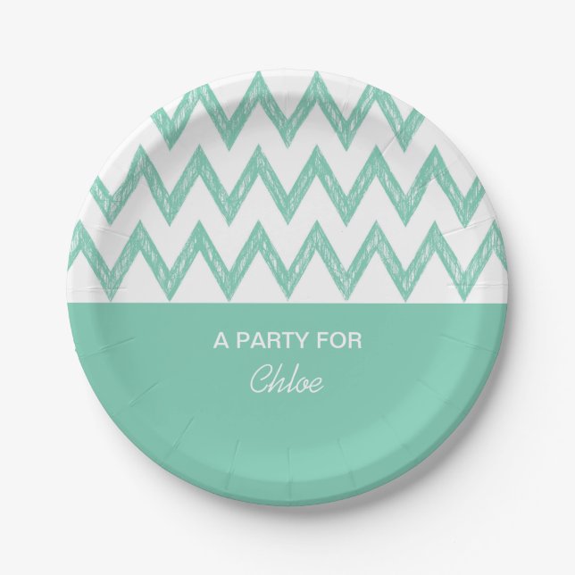Prato De Papel Trendy Pencil Mint Green Chevron Zigzags Com Nome (Frente)