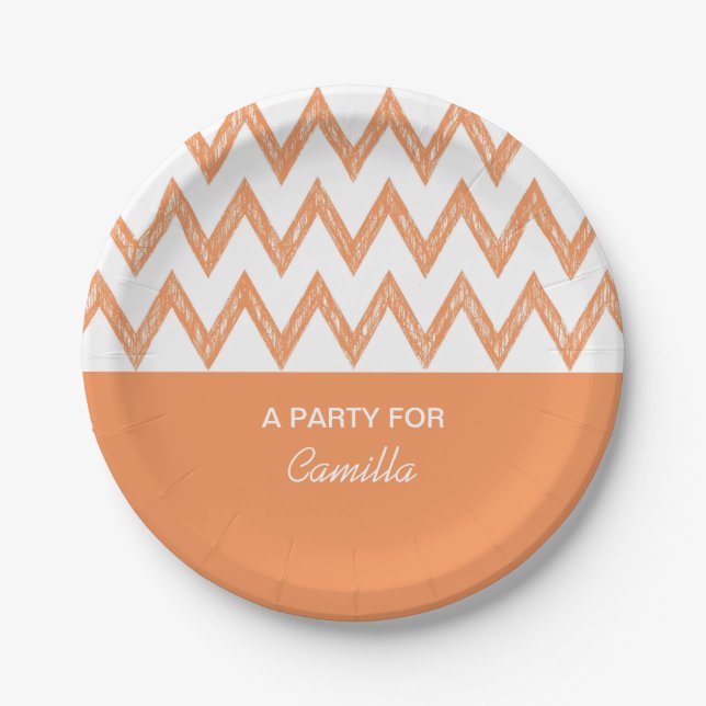 Prato De Papel Trendy Pencil Orange Chevron Zigzags Com Nome (Frente)