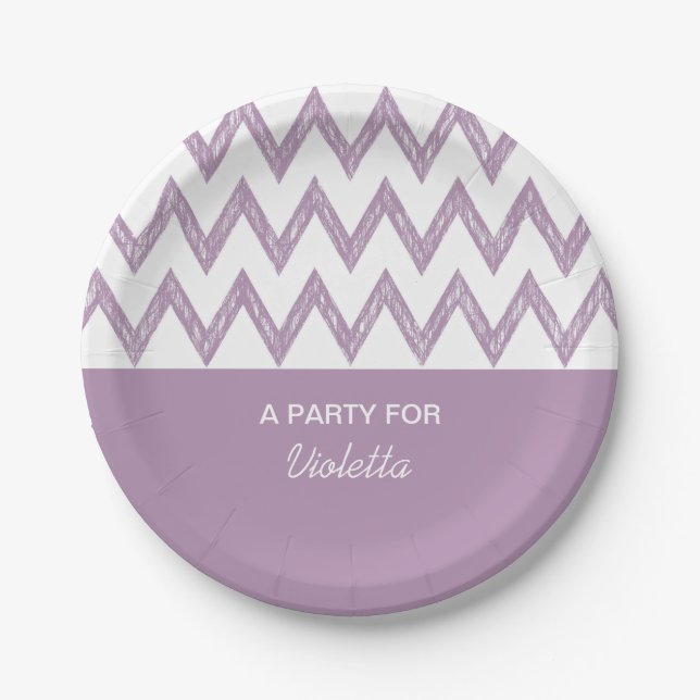 Prato De Papel Trendy Pencil Purple Chevron Zigzags Com Nome (Frente)