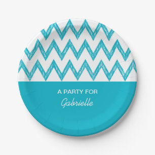 Prato De Papel Trendy Pencil Turquoise Chevron Zigzags Com Nome