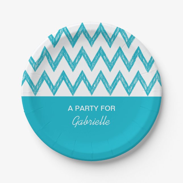 Prato De Papel Trendy Pencil Turquoise Chevron Zigzags Com Nome (Frente)