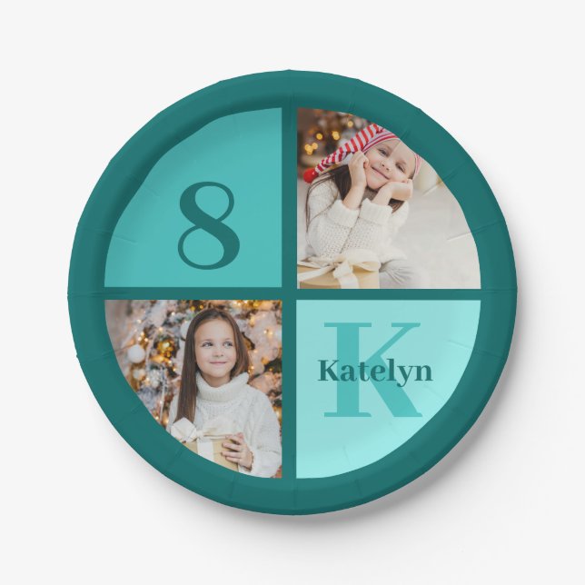 Prato De Papel Trendy Teal Photo Collage Custom Birthday Party (Frente)