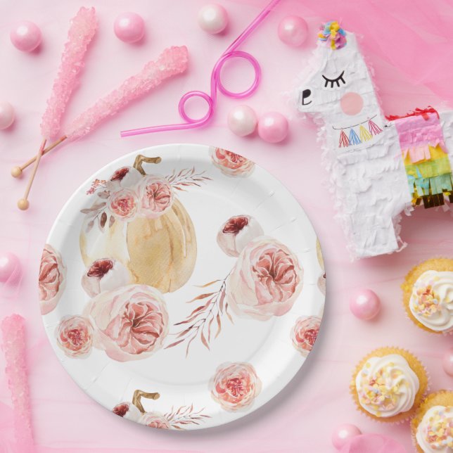 Prato De Papel Trendy Watercolor Pumpkin & Flowers | outono (Festa)