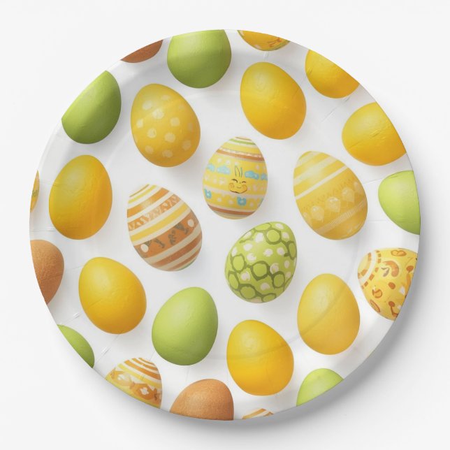 Prato De Papel Trendy Yellow & Green Easter Eggs Pattern Paper P (Frente)