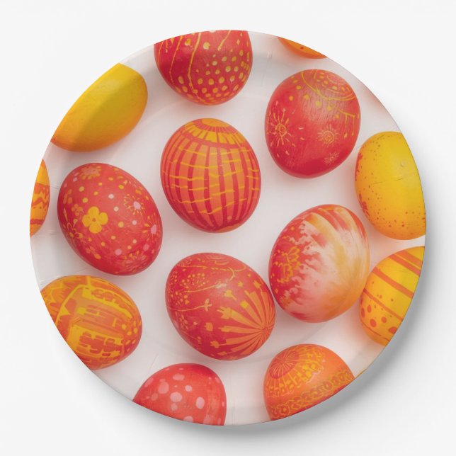 Prato De Papel Trendy Yellow & Orange Easter Eggs Pattern Paper P (Frente)