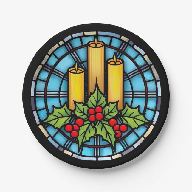 Prato De Papel Três Velas Com Vidro De Natal Holly (Frente)