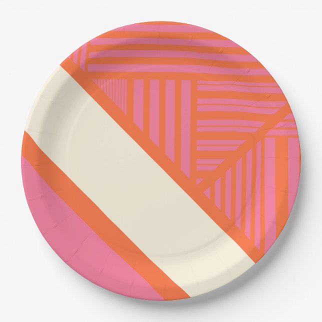 Prato De Papel Triângulo Stripes em rosa, laranja e creme (Frente)