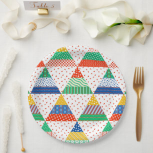 Prato De Papel Triângulos de Natal em Patchwork Colorido Festivo