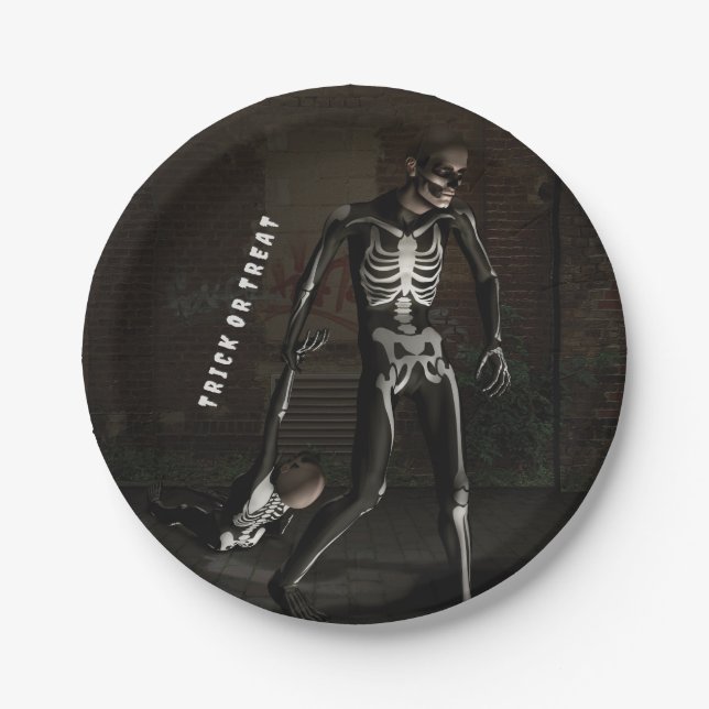 Prato De Papel Trick or Treat. Man dressed as skeleton (Frente)
