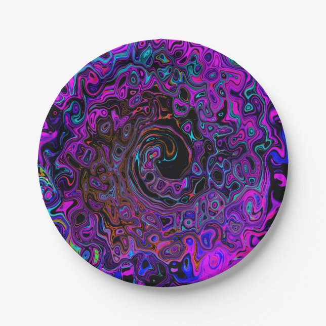 Prato De Papel Trippy Black and Magenta Retro Liquid Swirl (Frente)