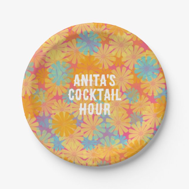 Prato De Papel Trippy Hippie Psychedelic Retro Floral Design (Frente)