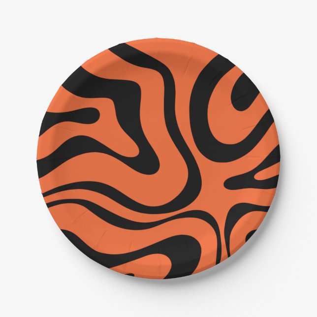 Prato De Papel Trippy Liquid Swirl Modern Abstrato Black Orange (Frente)