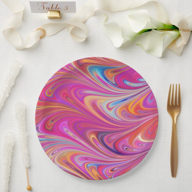Prato De Papel Trippy Pink e Orange Swirly Design (Casamento)