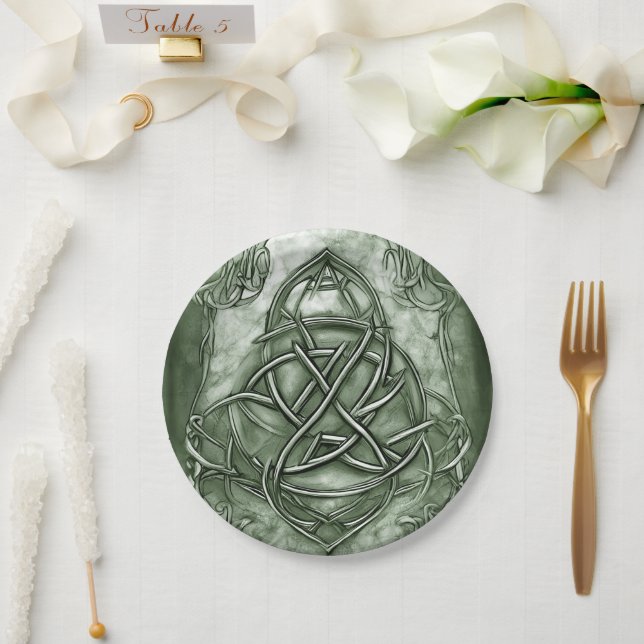 Prato De Papel Triquetra Trinity Knot Sage Green Faux Metalical (Casamento)