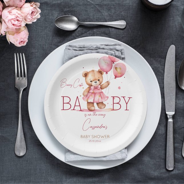 Prato De Papel Triturador de chá de fraldas de ursinho (Beary cute teddy bear girl baby shower tableware personalized plates cute teddy with a pink dress)