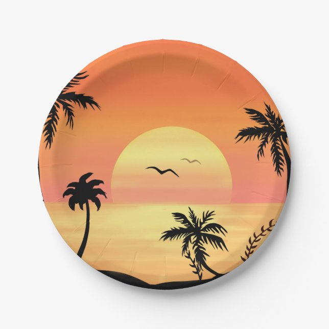 Prato De Papel Tropical Beach Sunset Palm Tree Silhouette Art (Frente)